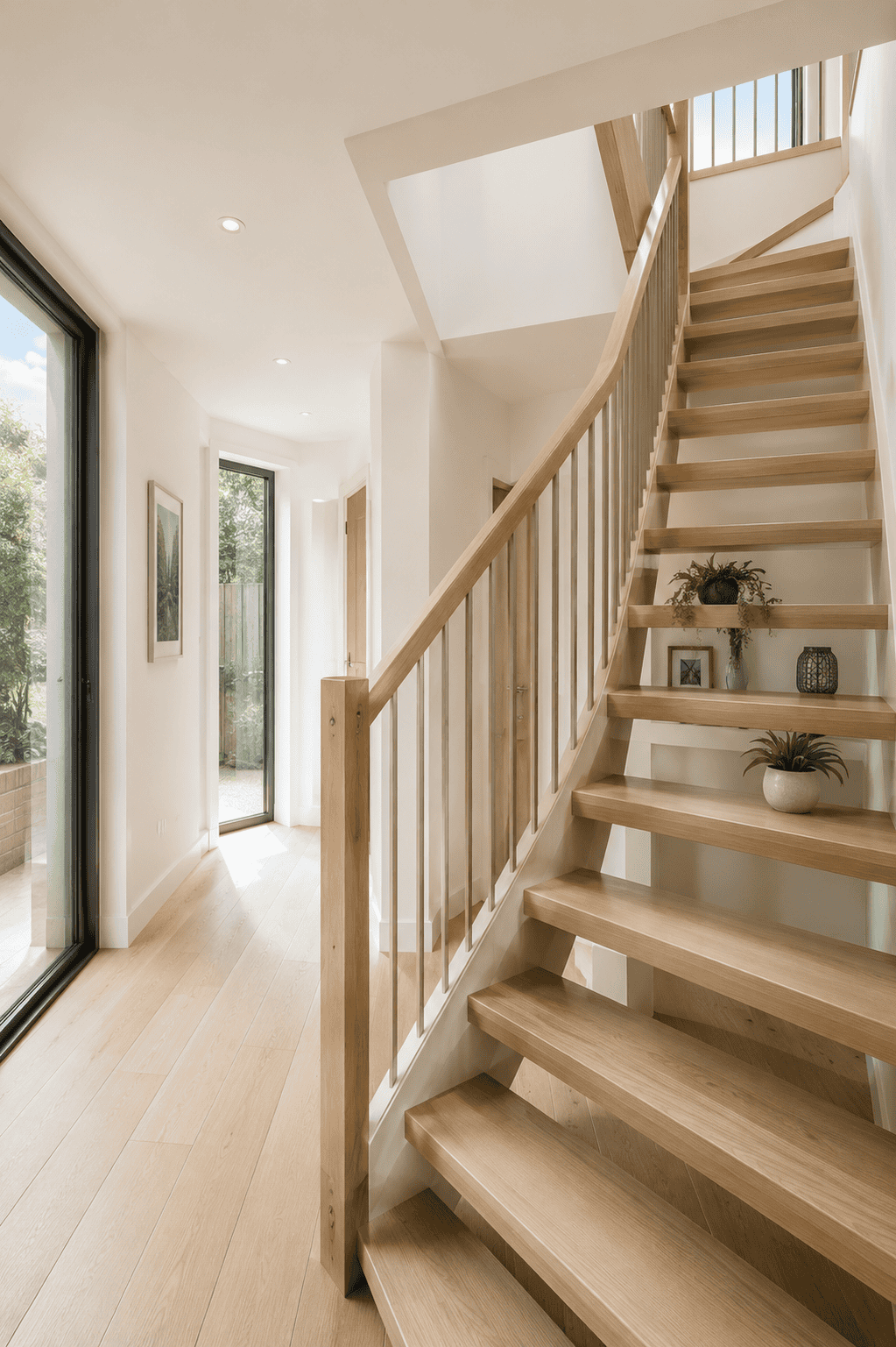 Elegant interior staircase with natural wood
